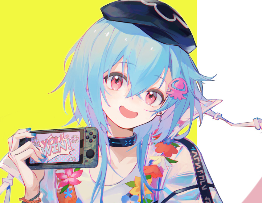 1boy, arknights, baiweinid, beret, black_headwear, blue_flower, blue_hair, blue_nails