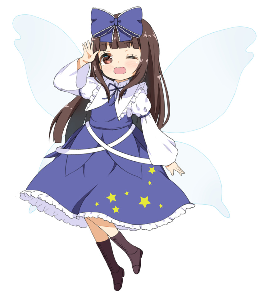 1girl, bangs, blue_bow, blue_dress, blue_ribbon, blunt_bangs, blush, boots, bow, brown_eyes, brown_hair, commentary_request, crys_(dai), dress, fairy_wings, flat_chest, frilled_shirt_collar, frills, full_body, hair_bow, hand_up, highres, juliet_sleeves, long_hair, long_sleeves, looking_at_viewer, one_eye_closed, open_mouth, puffy_long_sleeves, puffy_sleeves, revision, ribbon, simple_background, smile, solo, star_(symbol), star_print, star_sapphire, touhou, white_background, wings