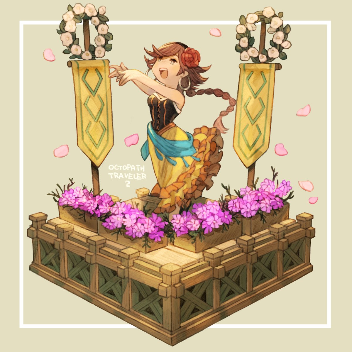 1girl, agnea_(octopath_traveler), banner, bare_shoulders, braid, brown_eyes, brown_hair, cherry_blossoms, chibi, commentary_request, copyright_name, dress, earrings, flower, frilled_dress, frills, full_body, hair_flower, hair_ornament, highres, irono16, isometric, jewelry, long_hair, octopath_traveler, octopath_traveler_ii, open_mouth, outstretched_arms, smile, solo, standing, standing_on_one_leg, teeth, upper_teeth_only, wooden_floor