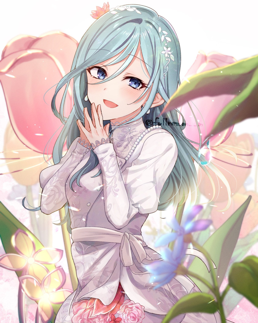 1girl, bangs, blue_eyes, blue_flower, blue_hair, flower, hair_flower, hair_ornament