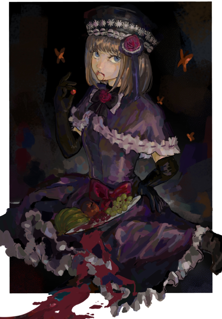 1girl, aged_down, apple, banana, bangs, black_bow, black_gloves, blue_eyes, blunt_bangs, bob_cut, bow, bowtie, brown_hair, bug, butterfly, capelet, dark, dark_background, dress, eating, elbow_gloves, eva_beatrice, flower, food, framed, frilled_capelet, frilled_dress, frills, fruit, full_body, gloves, gothic, gothic_lolita, grapes, hair_flower, hair_ornament, hand_on_hip, hat, highres, holding, holding_food, holding_fruit, ikmomoki, lace, light_brown_hair, lolita_fashion, looking_at_viewer, on_ground, parted_lips, purple_capelet, purple_dress, red_bow, red_flower, rose, short_hair, sitting, solo, spoilers, umineko_no_naku_koro_ni, ushiromiya_eva, wariza, witch
