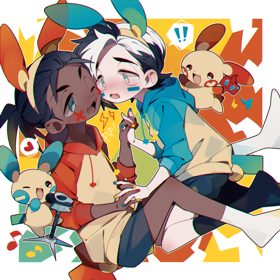 !, !!, 2boys, aged_down, black_socks, commentary_request, cosplay, dark-skinned_male