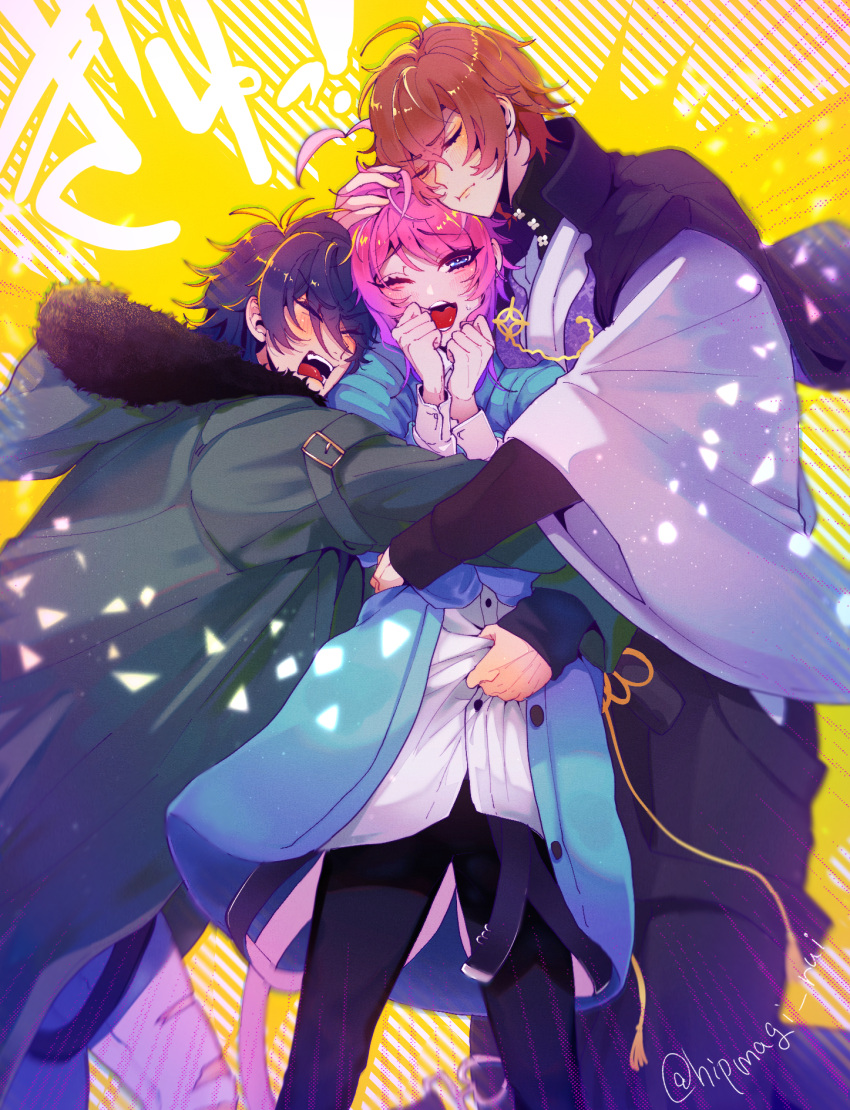 3boys, ahoge, amemura_ramuda, arisugawa_dice, blue_eyes, blush, brown_hair, closed_eyes