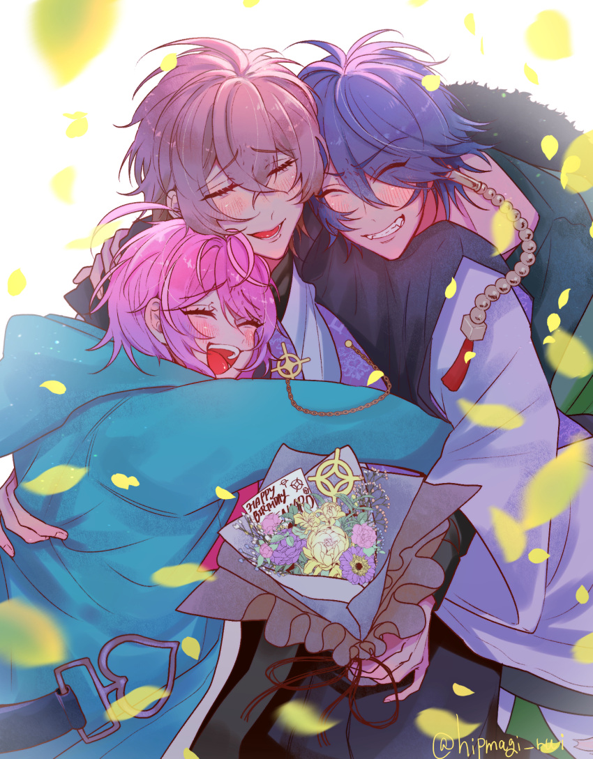 3boys, ahoge, amemura_ramuda, androgynous, arisugawa_dice, blush, bouquet, brown_hair