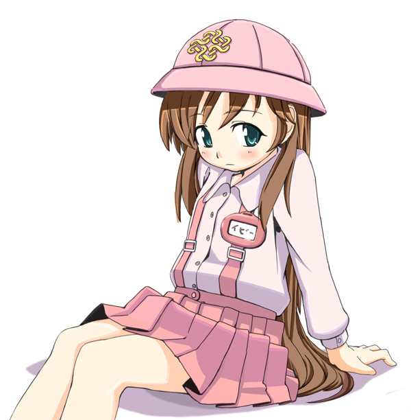 bad_id, blue_eyes, blush, brown_hair, child, green_eyes, hat, kindergarten