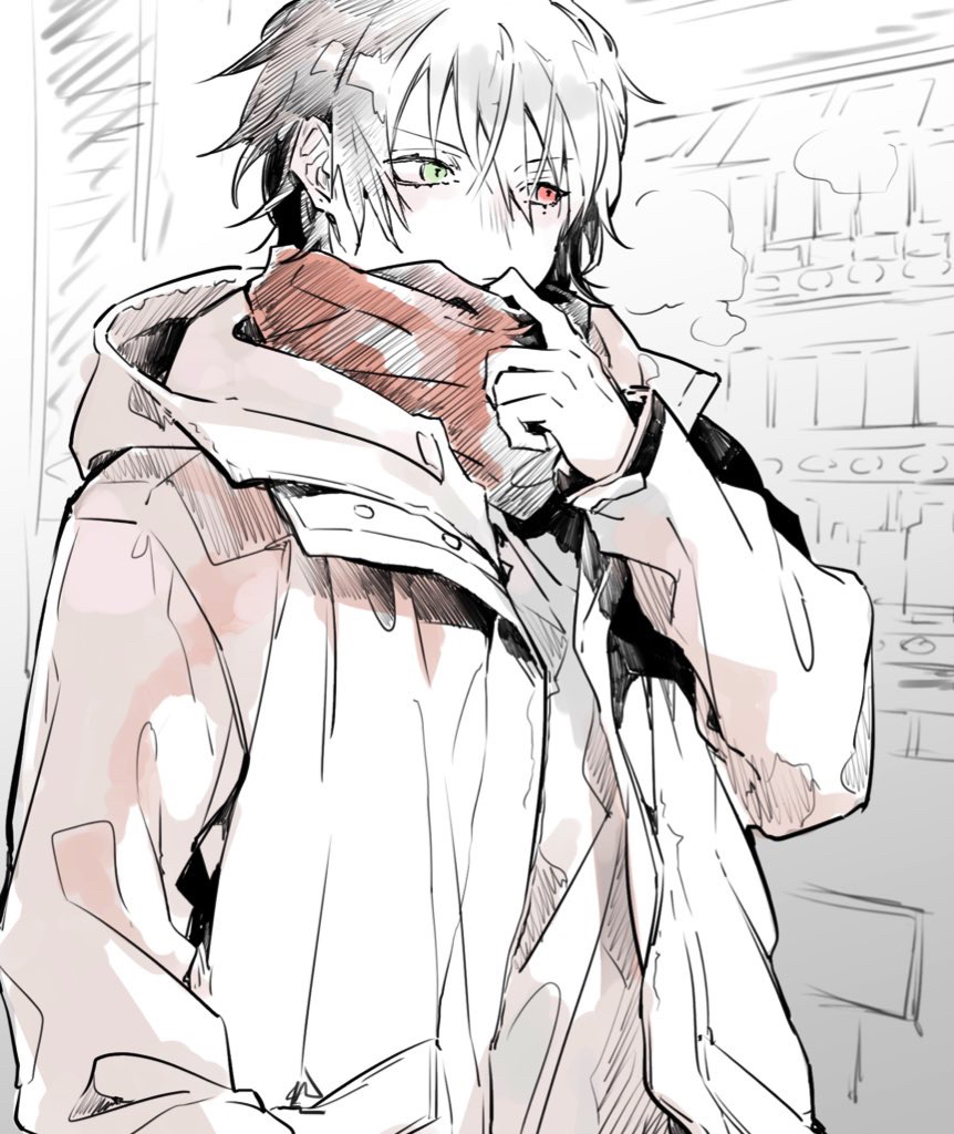 1boy, black_hair, covering_mouth, green_eyes, heterochromia, hood, hood_down, hypnosis_mic