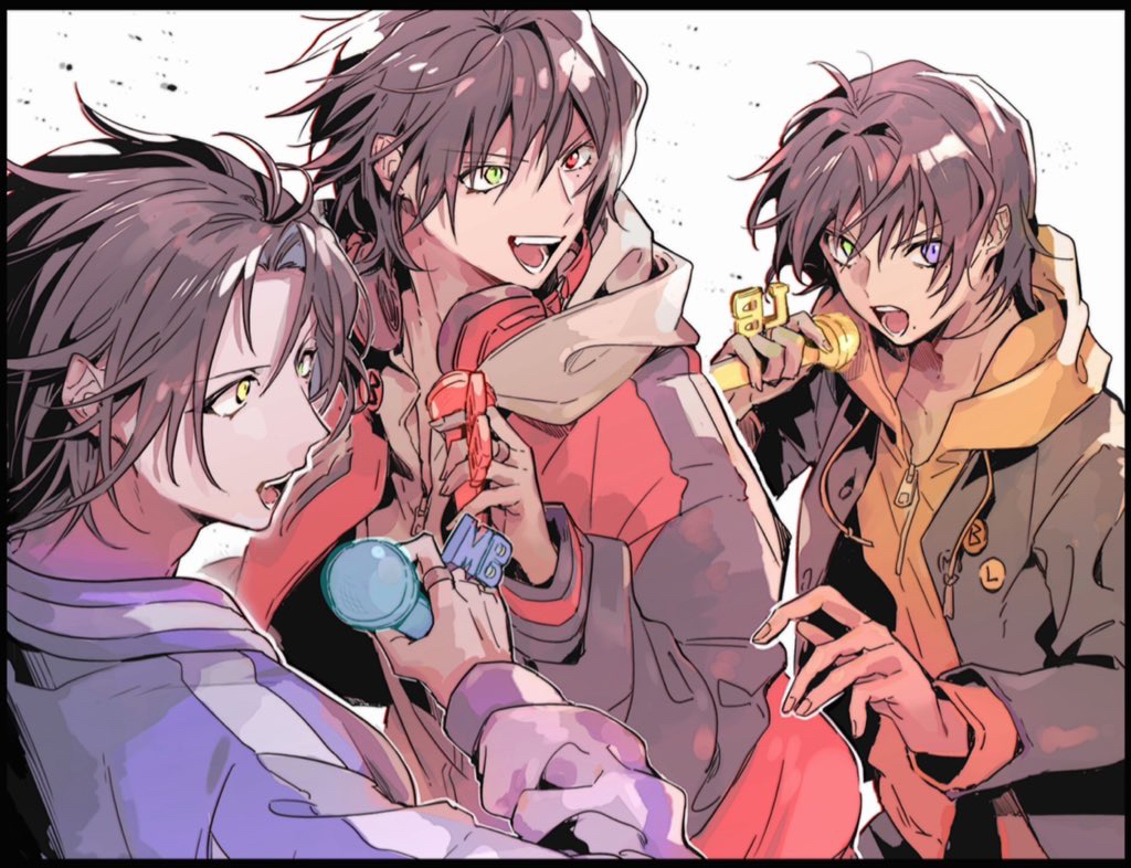 3boys, black_hair, blue_eyes, brothers, buster_bros!!!, facing_to_the_side, green_eyes, heterochromia, holding, holding_microphone, hypnosis_mic, kisaragi_koubana, looking_to_the_side, male_focus, microphone, multiple_boys, open_mouth, red_eyes, short_hair, siblings, white_background, yamada_ichirou_(hypnosis_mic), yamada_jirou, yamada_saburou, yellow_eyes