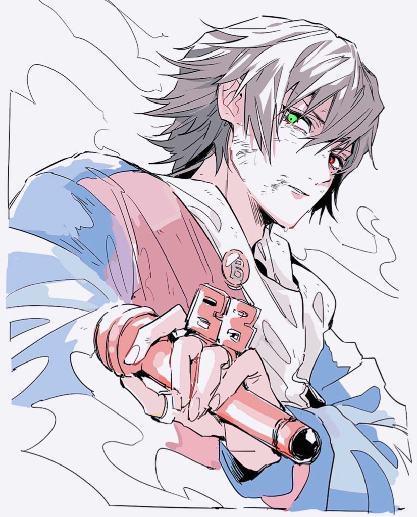 1boy, black_hair, green_eyes, heterochromia, holding, holding_microphone, hood, hood_down