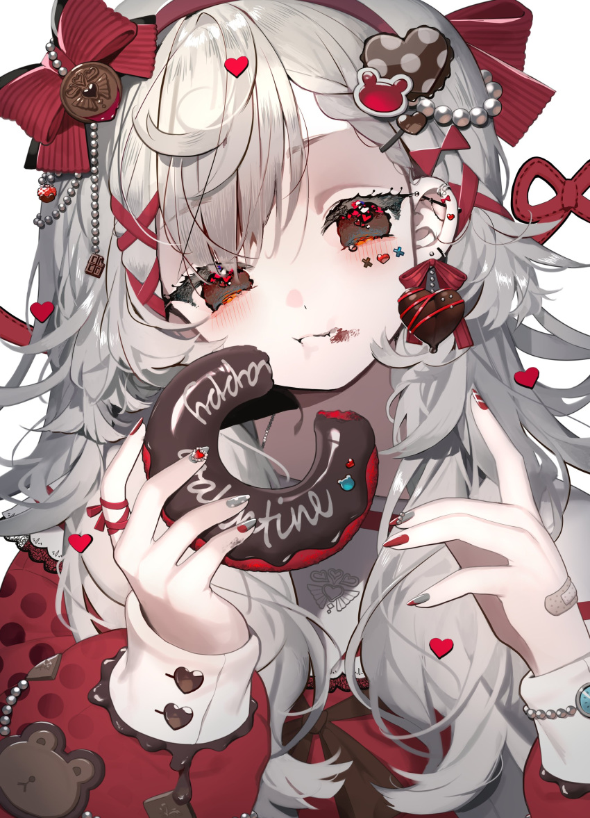 1girl, :t, absurdres, bandaid, bandaid_on_hand, blush, bow, closed_mouth