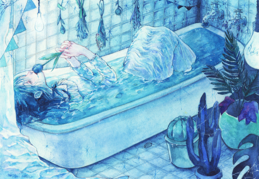 1girl, absurdres, bathtub, black_hair, blue_flower, blue_theme, cracked_floor, dress