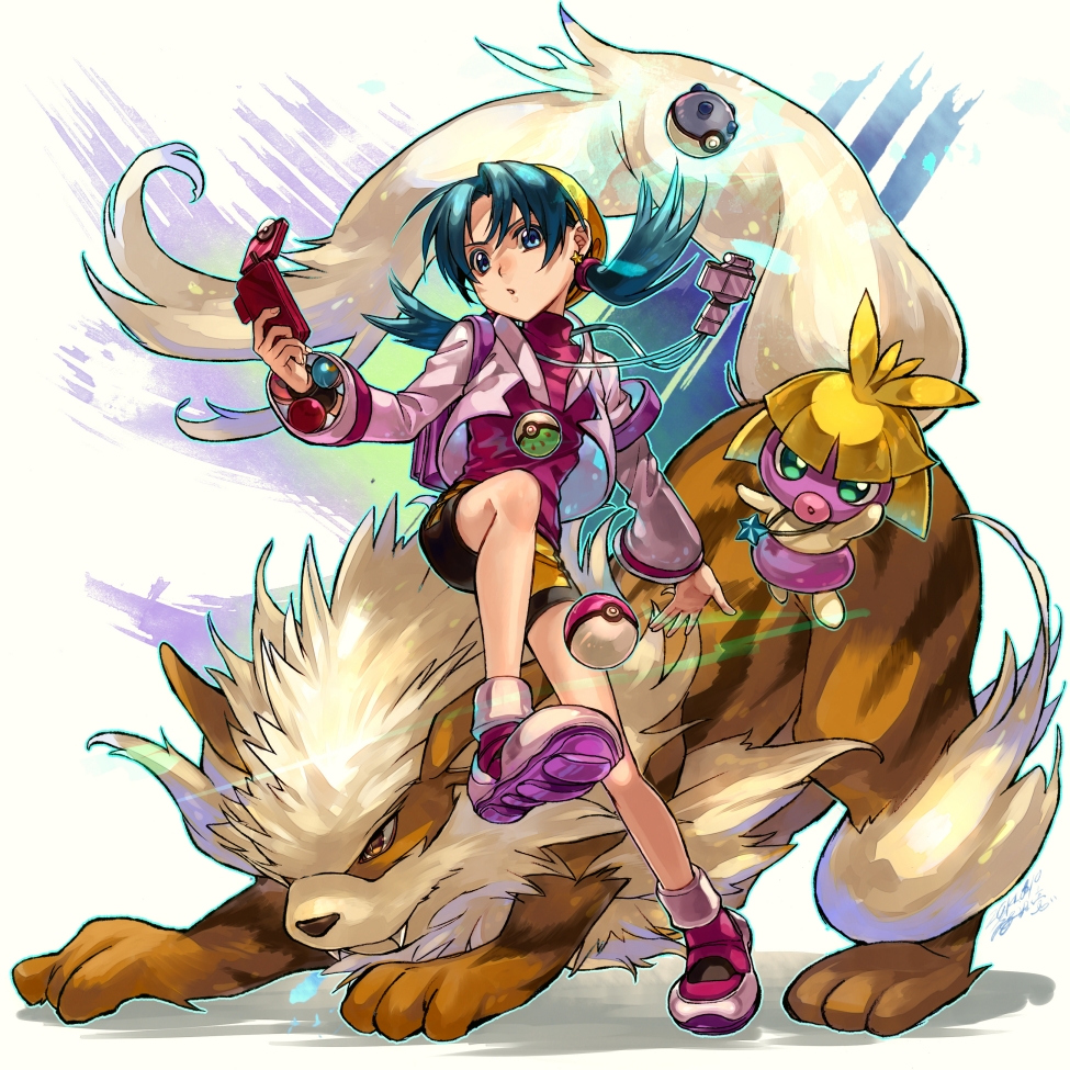1girl, arcanine, bangs, bike_shorts, blue_eyes, blue_hair, crystal_(pokemon), earrings