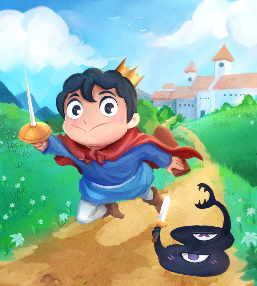 1boy, :>, black_eyes, black_hair, bojji, cape, castle, clouds