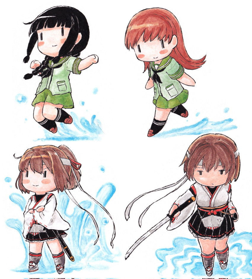 4girls, black_hair, blush, brown_hair, chibi, closed_mouth, crossed_arms, green_sailor_collar