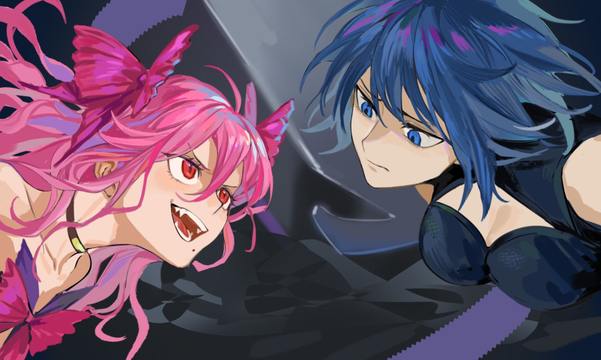 2girls, bangs, bare_shoulders, battle, blue_bodysuit, blue_eyes, blue_hair, bodysuit