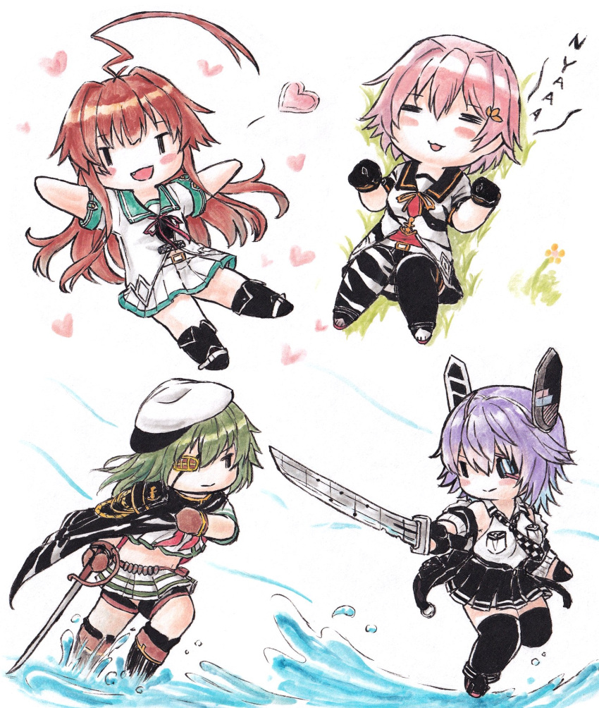 4girls, ahoge, black_gloves, breasts, brown_gloves, brown_hair, chibi, closed_eyes