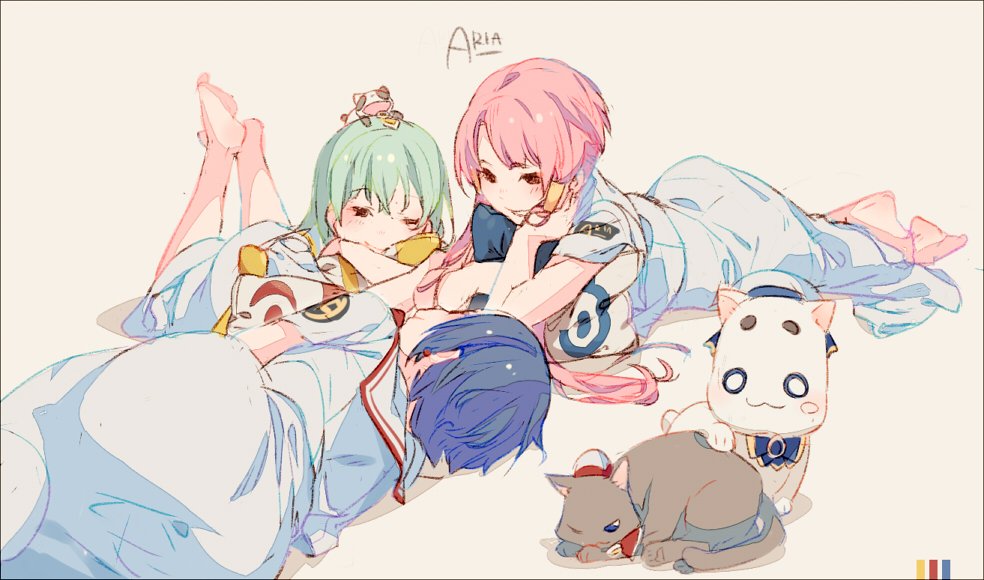 3girls, aika_granzchesta, alice_carroll, animal_on_head, aria, aria_company_uniform, aria_pokoteng, bangs