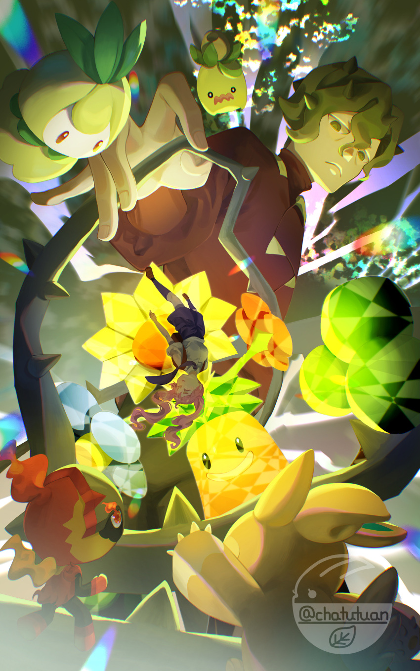 1boy, 1girl, absurdres, bangs, brassius_(pokemon), charcadet, chatutuan, closed_mouth, commentary_request, frown, green_hair, hair_between_eyes, highres, jacket, juliana_(pokemon), looking_down, pawmo, petilil, pokemon, pokemon_(creature), pokemon_(game), pokemon_sv, purple_shorts, red_jacket, shirt, shoes, short_hair, short_sleeves, shorts, smoliv, socks, sudowoodo, terastallization, twintails, watermark, whip