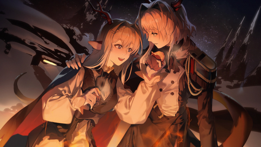 :d, absurdres, antlers, arknights, bangs, black_dress, black_pants, black_vest