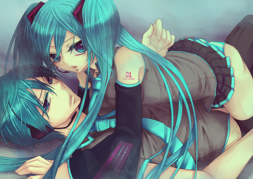 @shimapan, aqua_eyes, aqua_hair, detached_sleeves, genderswap, girl_on_top, hatsune_miku, hatsune_mikuo