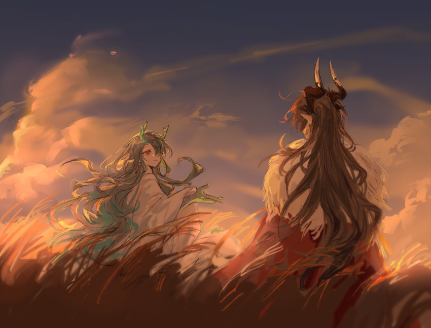 1boy, 1girl, arknights, bangs, black_hair, blue_sky, brown_hair, chong_yue_(arknights)