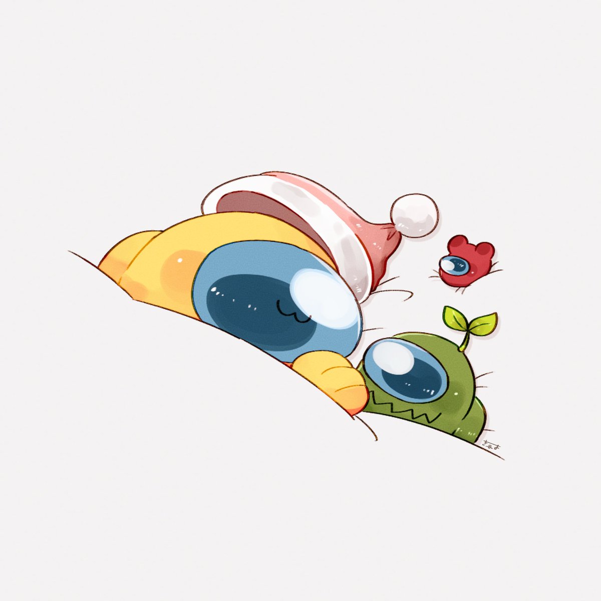 3others, among_us, artist_name, bed_sheet, closed_mouth, commentary_request, crewmate_(among_us), green_(among_us)