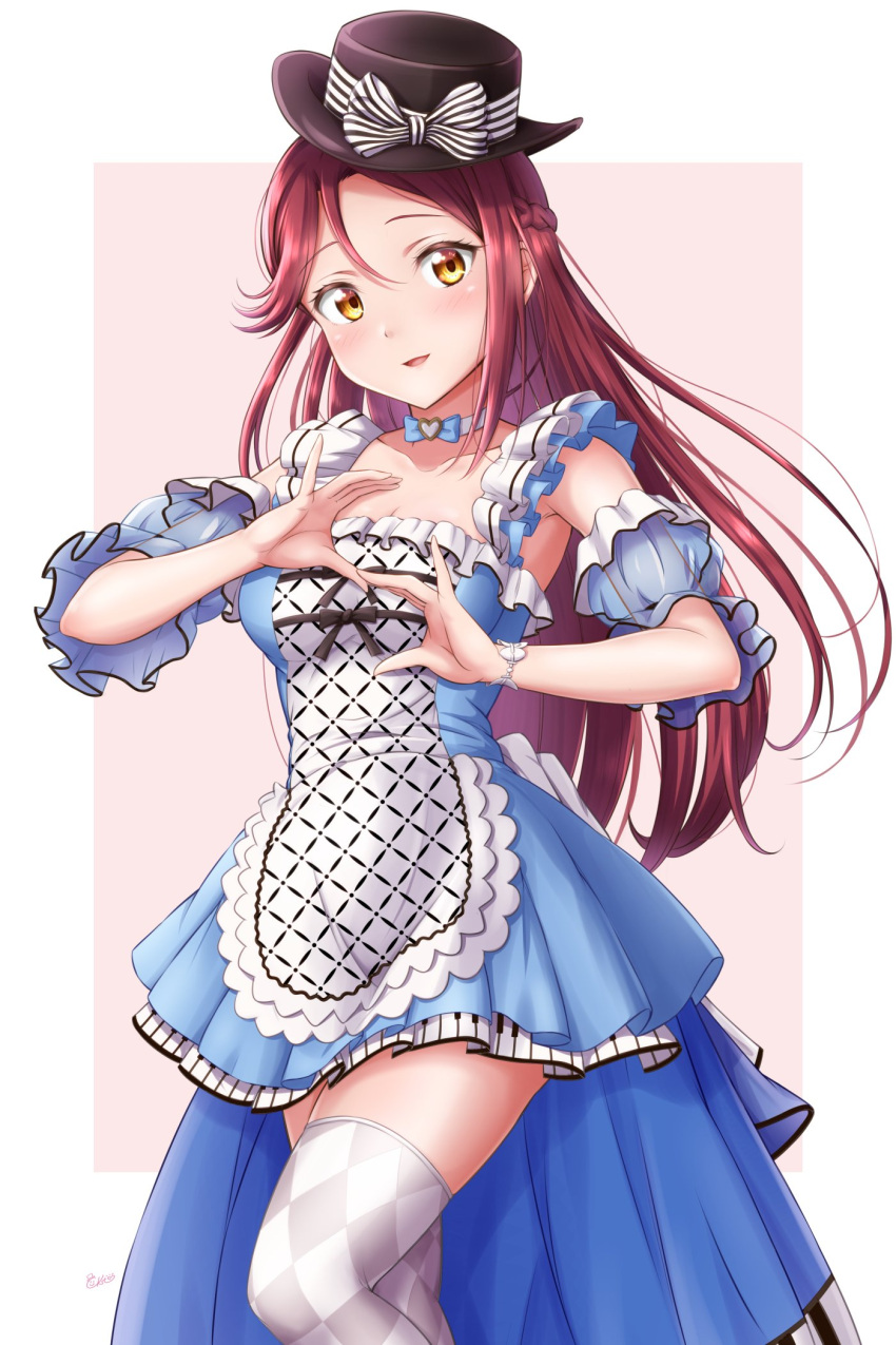 1girl, argyle, argyle_legwear, black_headwear, blue_dress, border, bow, bow_choker, braid, breasts, choker, ckst, commentary, cowboy_shot, detached_sleeves, dress, english_commentary, fishtail_dress, french_braid, frilled_dress, frills, hat, hat_bow, highres, knee_up, long_hair, looking_at_viewer, love_live!, love_live!_sunshine!!, love_spiral_tower_(love_live!), medium_breasts, mixed-language_commentary, outside_border, parted_lips, piano_print, pink_background, redhead, sakurauchi_riko, short_dress, short_sleeves, signature, simple_background, single_bang, solo, thigh-highs, white_border, white_thighhighs, yellow_eyes