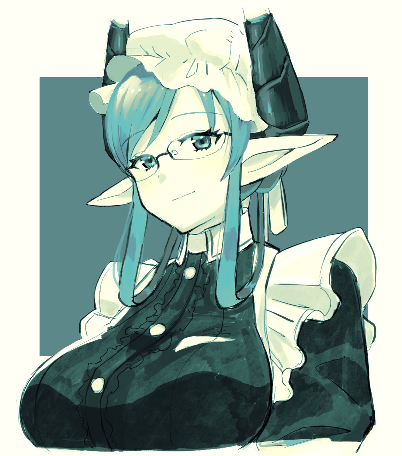 1girl, blue_background, blue_theme, border, breasts, collared_dress, commentary, dragon_girl
