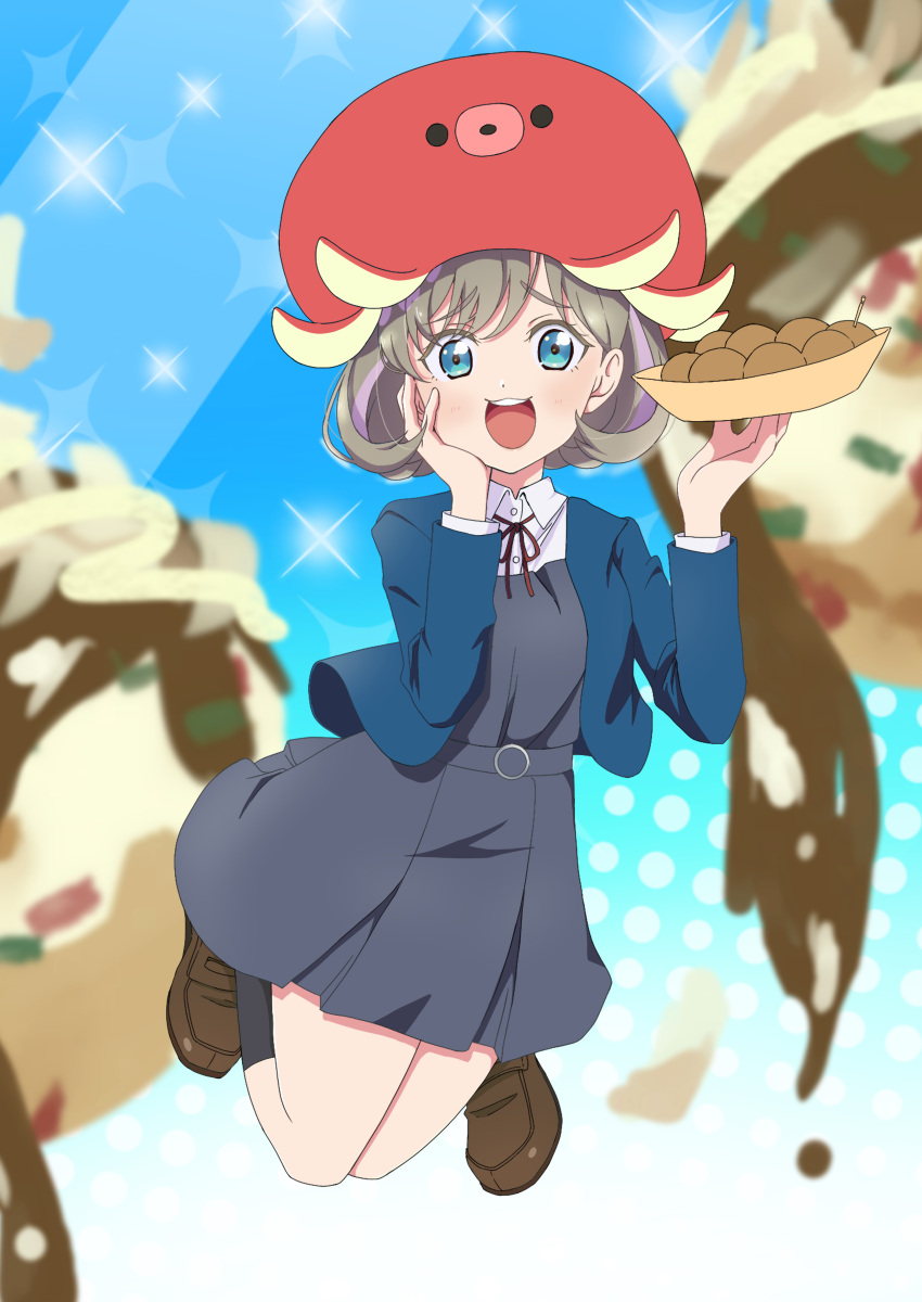 1girl, :d, absurdres, airborne, aqua_eyes, azukibatake, blue_background, blue_jacket, blurry, blurry_background, brown_footwear, brown_hair, commentary, dress, feet_up, flipped_hair, food, full_body, gradient_background, grey_dress, hand_on_own_cheek, hand_on_own_face, happy, highres, holding, holding_food, jacket, light_blush, loafers, looking_at_viewer, love_live!, love_live!_superstar!!, pinafore_dress, red_headwear, round_teeth, school_uniform, shoes, short_dress, short_hair, shrug_(clothing), smile, solo, string_tie, takoyaki, tang_keke, teeth, upper_teeth_only, wing_collar, winter_uniform, yuigaoka_school_uniform