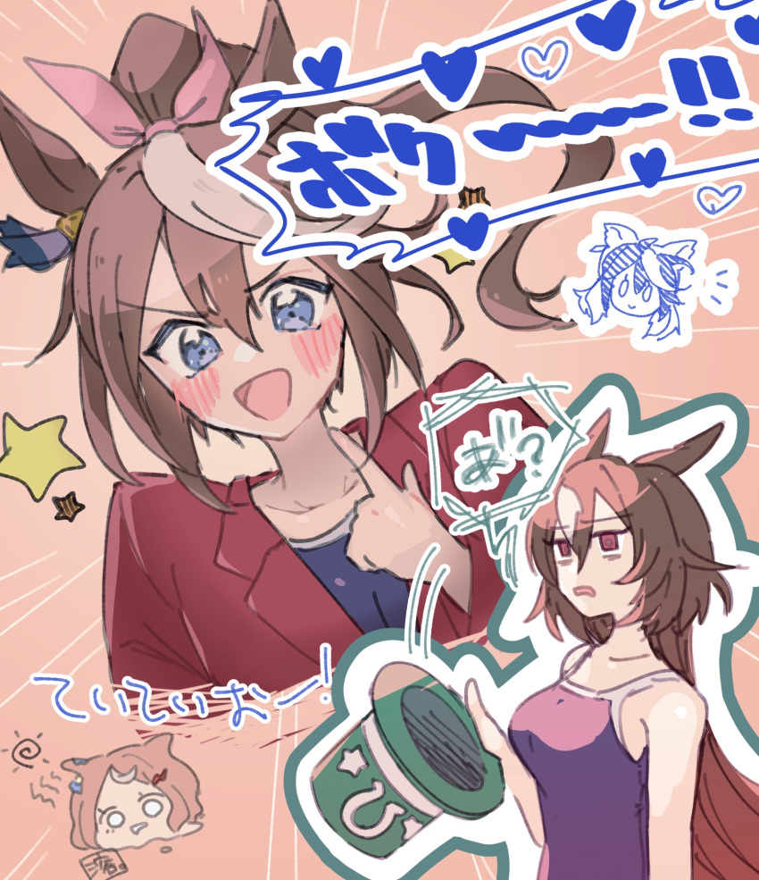 4girls, alternate_costume, blue_eyes, bow, brown_hair, ear_bow, earrings, green_headwear