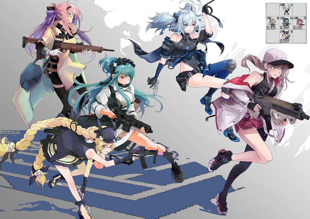 5girls, ar-57, ar-57_(girls'_frontline), assault_rifle, baseball_cap, bullpup, em-2, em-2_(girls'_frontline), fightlite_scr, girls_frontline, gun, handgun, hat, holding, holding_gun, holding_weapon, mab_pa-15, multiple_girls, pa-15_(girls'_frontline), pointy_ears, rifle, scr_(girls'_frontline), sr-3mp, sr-3mp_(girls'_frontline), submachine_gun, trigger_discipline, weapon, yumenotsuzuki
