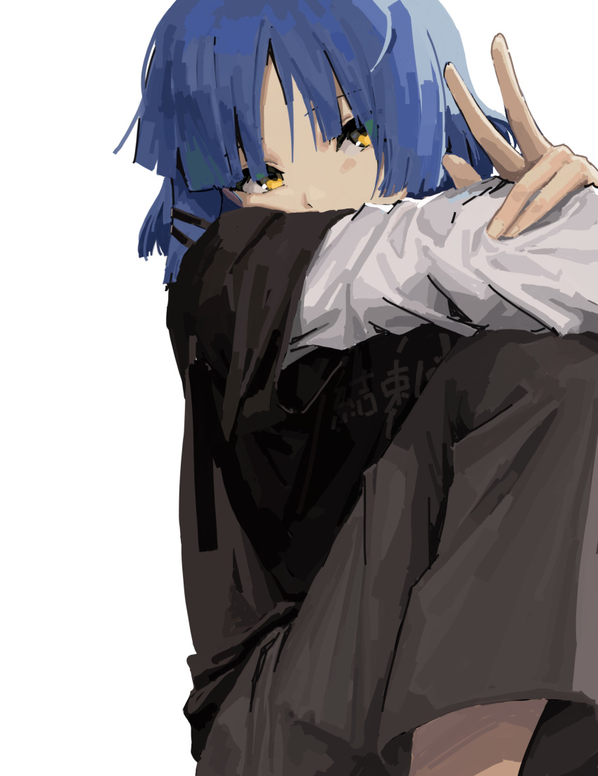1girl, absurdres, bangs, black_pants, black_shirt, blue_hair, bocchi_the_rock!, hair_ornament