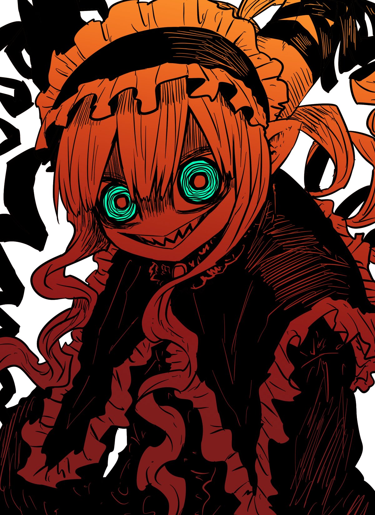 1girl, alternate_eye_color, asymmetrical_horns, black_dress, black_ribbon, blonde_hair, commentary_request, demon_girl