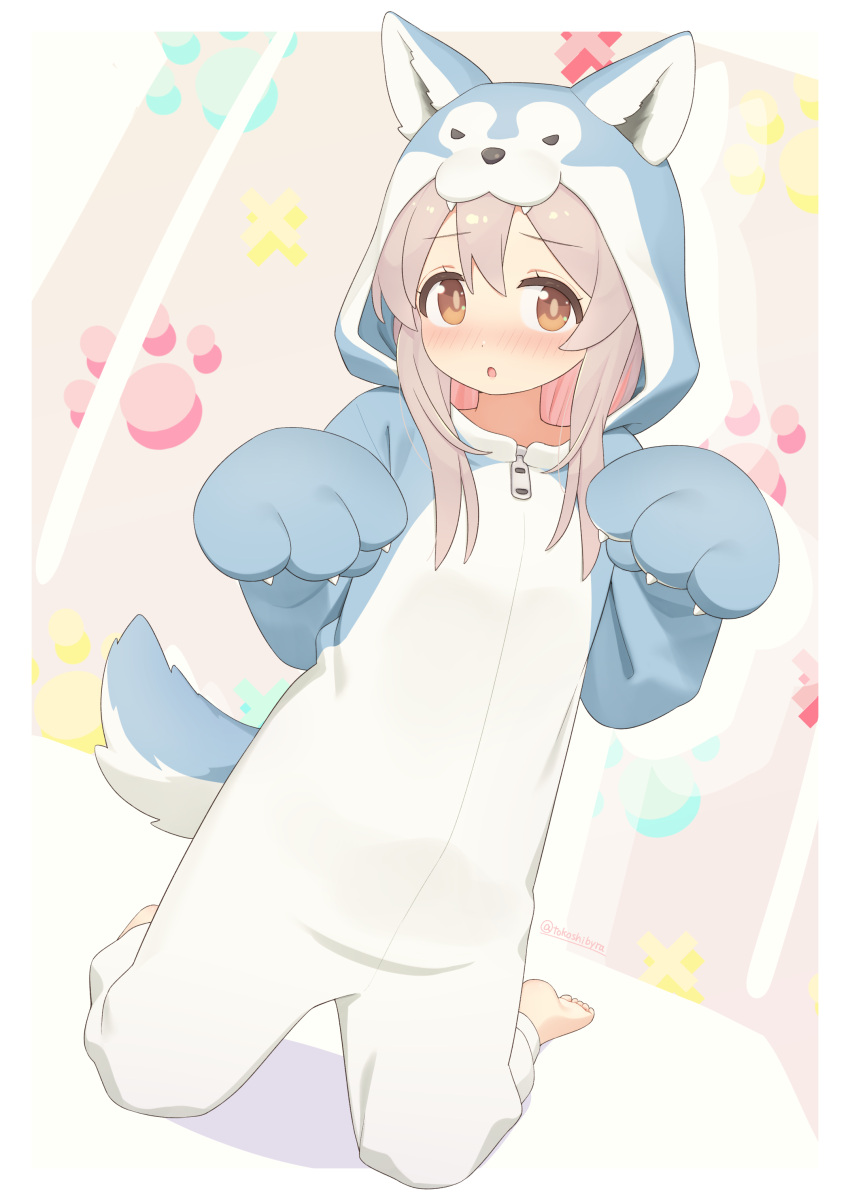 1girl, :o, absurdres, animal_costume, animal_ears, animal_hands, bangs, barefoot