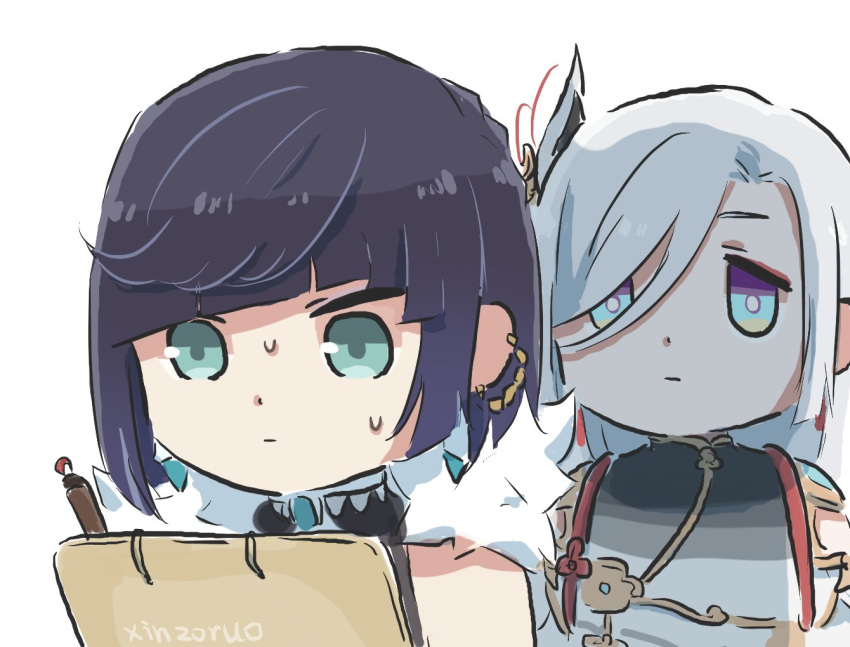 2girls, aqua_eyes, artist_name, bangs, black_hair, bob_cut, chibi, chinese_clothes