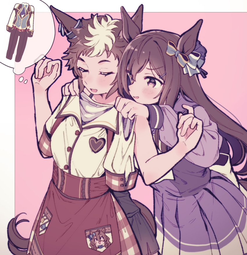 2girls, ^_^, animal_ears, bangs, brown_hair, closed_eyes, highres, horse_ears