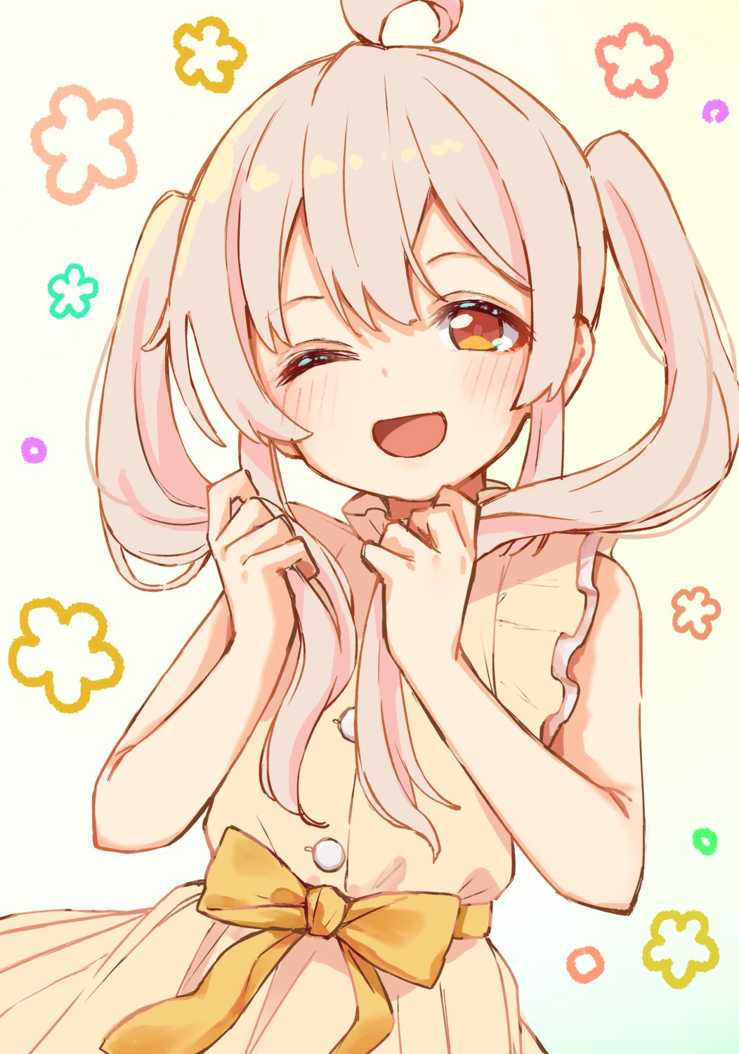 1girl, ;d, ahoge, aishima_marota, bangs, bare_arms, bare_shoulders, blush, brown_eyes, commentary, dress, hair_between_eyes, highres, holding, holding_hair, long_hair, looking_at_viewer, one_eye_closed, onii-chan_wa_oshimai!, oyama_mahiro, pink_hair, simple_background, sleeveless, sleeveless_dress, smile, solo, twintails, yellow_dress