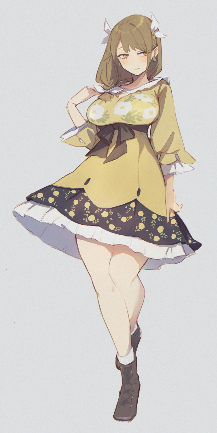 1girl, absurdres, breasts, brown_footwear, brown_ribbon, collar, daisy, dress