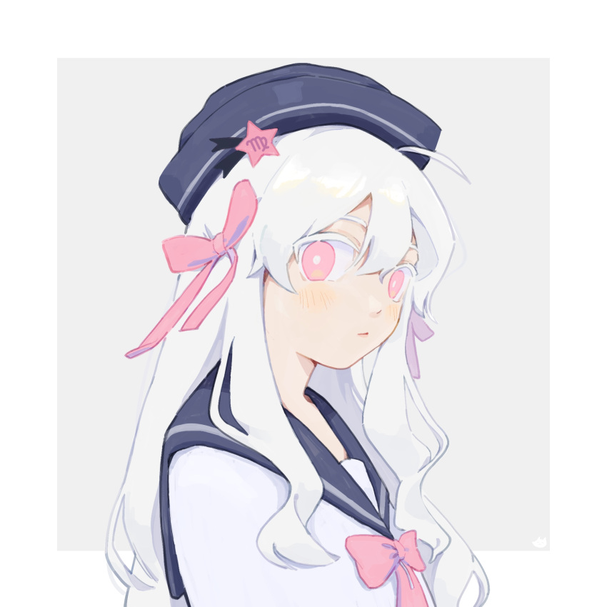 1girl, ahoge, alternate_costume, bangs, blending, blue_headwear, blue_sailor_collar, bow