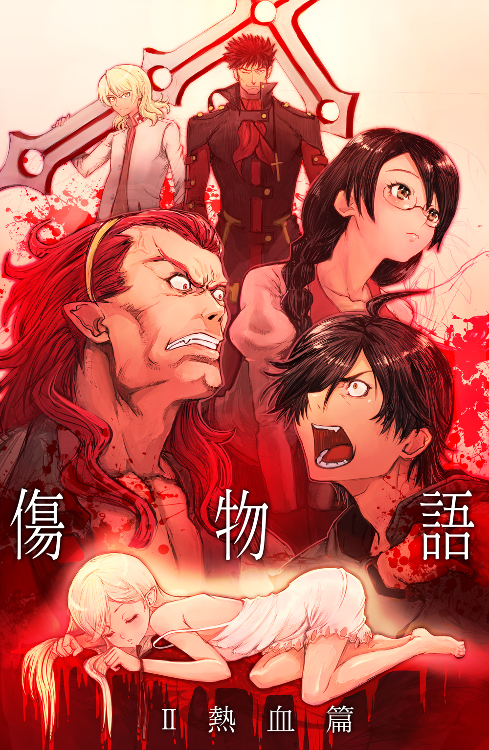 2girls, 4boys, ahoge, araragi_koyomi, black_hair, blonde_hair, blood, blood_splatter