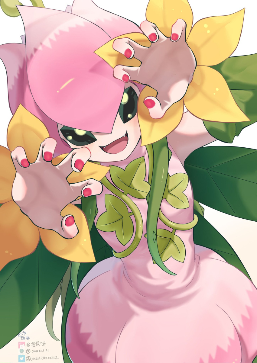 1girl, chinese_commentary, close-up, commentary_request, digimon, digimon_(creature), dress, fangs, flower_hat, green_eyes, hands_up, highres, lillymon, looking_at_viewer, nail_polish, open_mouth, paw_pose, plant_wings, red_nails, solo, twitter_logo, watermark, wings, youzaiyouzai112