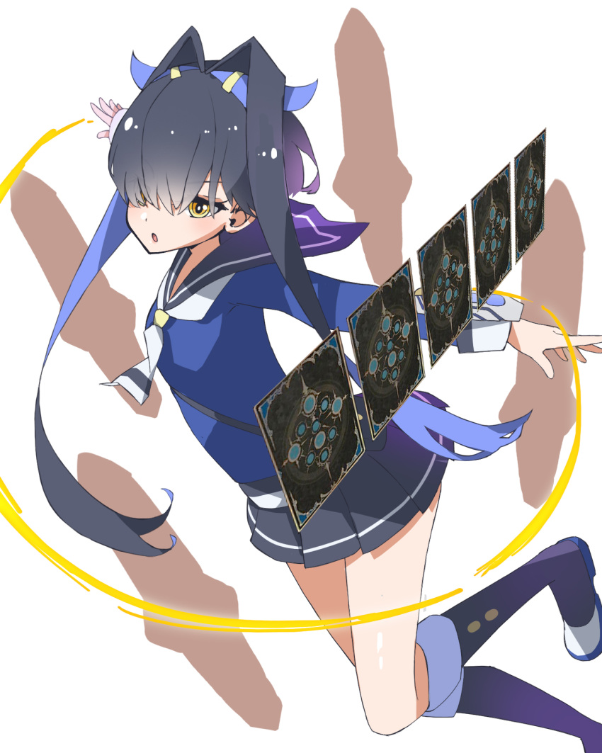 1girl, bag, bangs, bare_legs, black_footwear, black_hair, blue_ribbon, boots