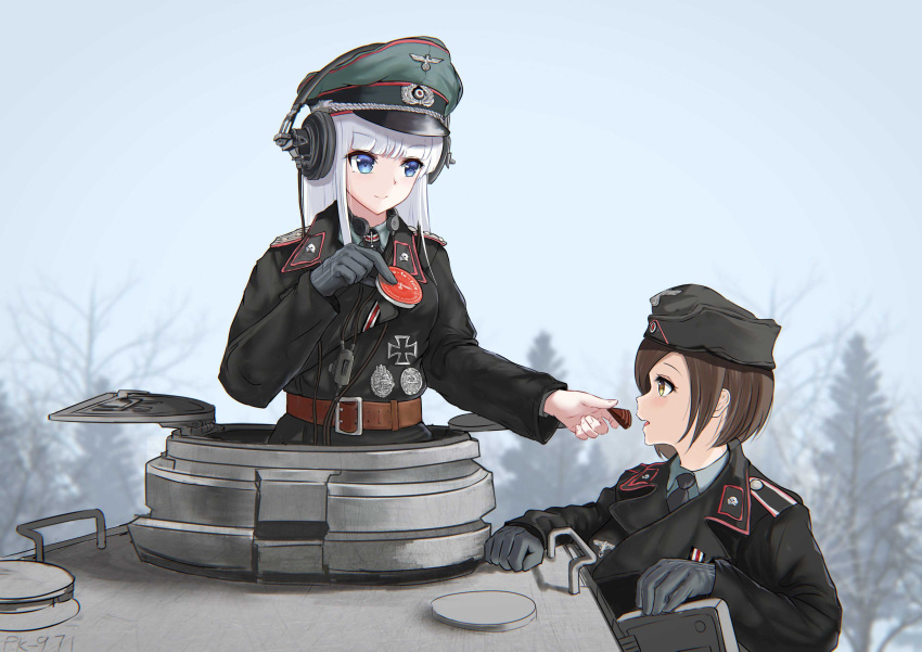 #johannathechocolatelover, 2girls, absurdres, brown_hair, commentary_request, english_commentary, green_eyes, highres