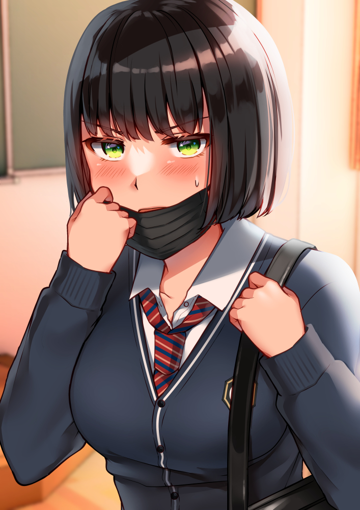1girl, bag, bangs, black_hair, black_mask, black_surgical_mask, blue_cardigan, blush