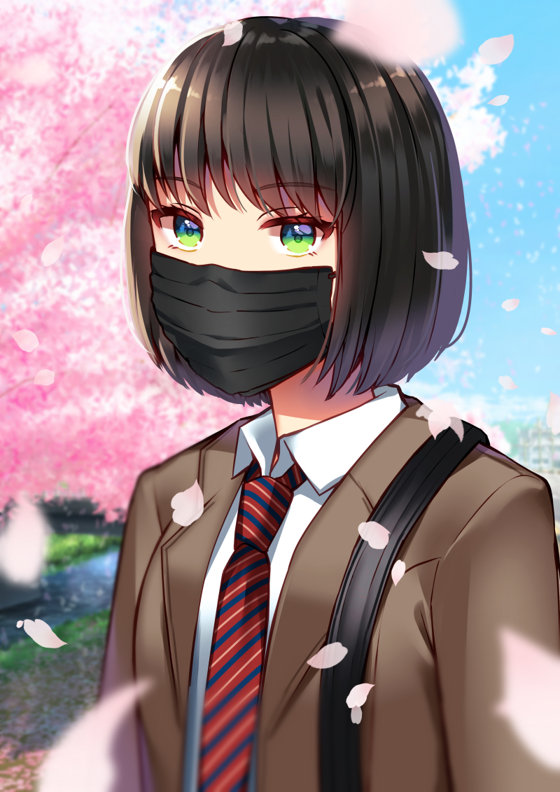 1girl, bangs, black_hair, black_mask, black_surgical_mask, blue_eyes, blue_sky, bob_cut