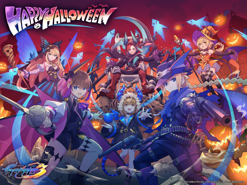 3boys, 3girls, azure_striker_gunvolt, azure_striker_gunvolt_3, gunvolt, halloween, hatakeyama_yoshitaka, highres