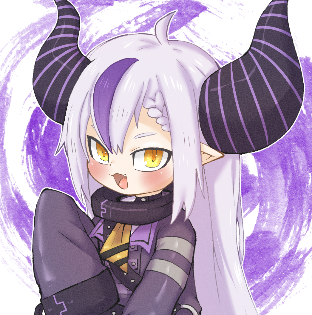 1girl, ahoge, ascot, blush, braid, coat, collar, demon_girl, demon_horns, doneru, fang, hair_between_eyes, hololive, horns, la+_darknesss, light_purple_hair, long_hair, multicolored_hair, neckerchief, open_mouth, pointy_ears, purple_coat, sleeves_past_fingers, sleeves_past_wrists, solo, streaked_hair, very_long_hair, virtual_youtuber, yellow_ascot, yellow_eyes