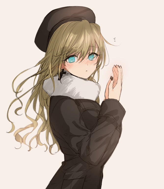 1girl, :o, alice_lendrott, aqua_eyes, bangs, beret, black_coat, black_headwear