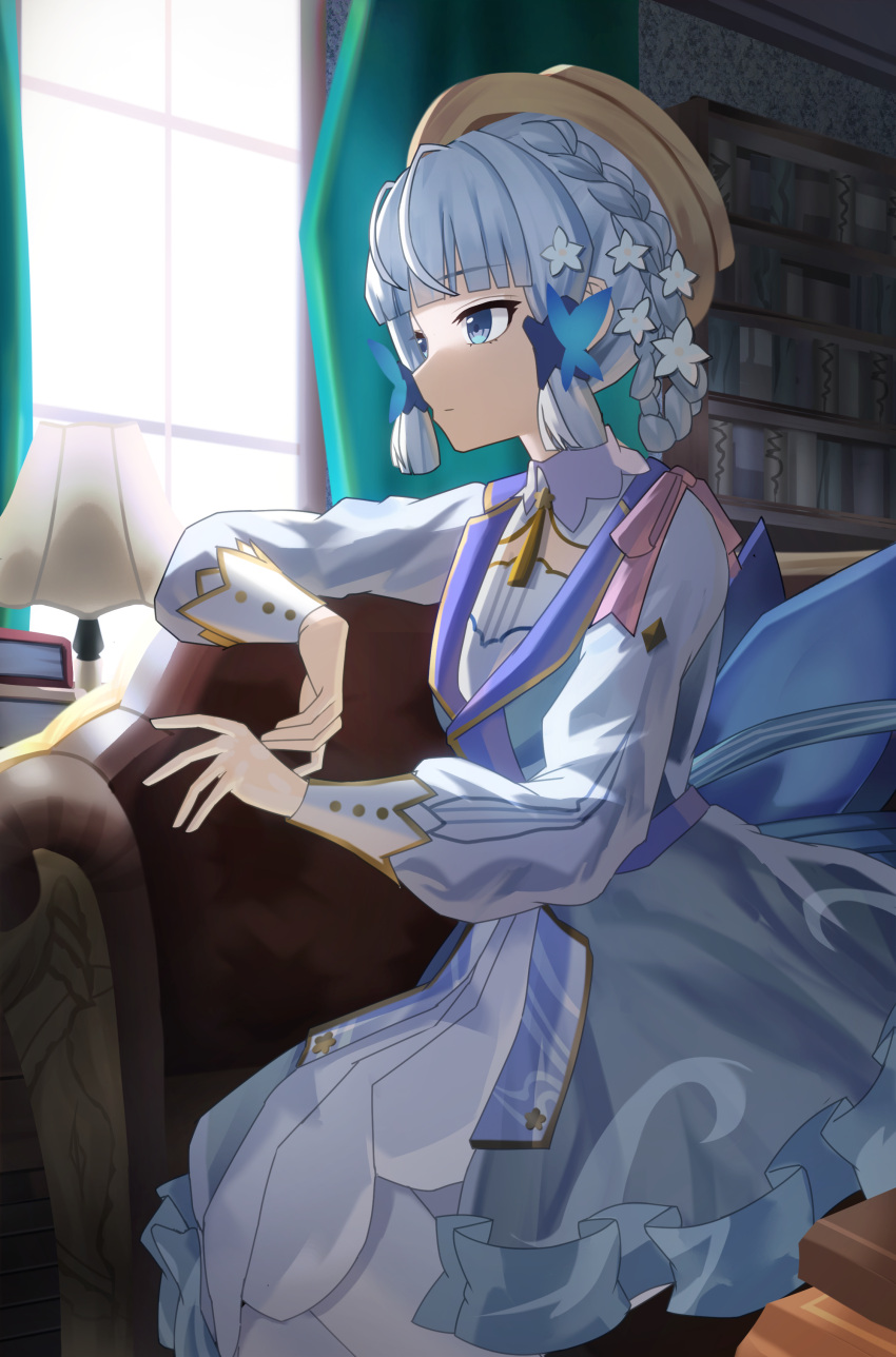 1girl, absurdres, bangs, blue_dress, blue_eyes, blue_hair, blunt_bangs, bookshelf