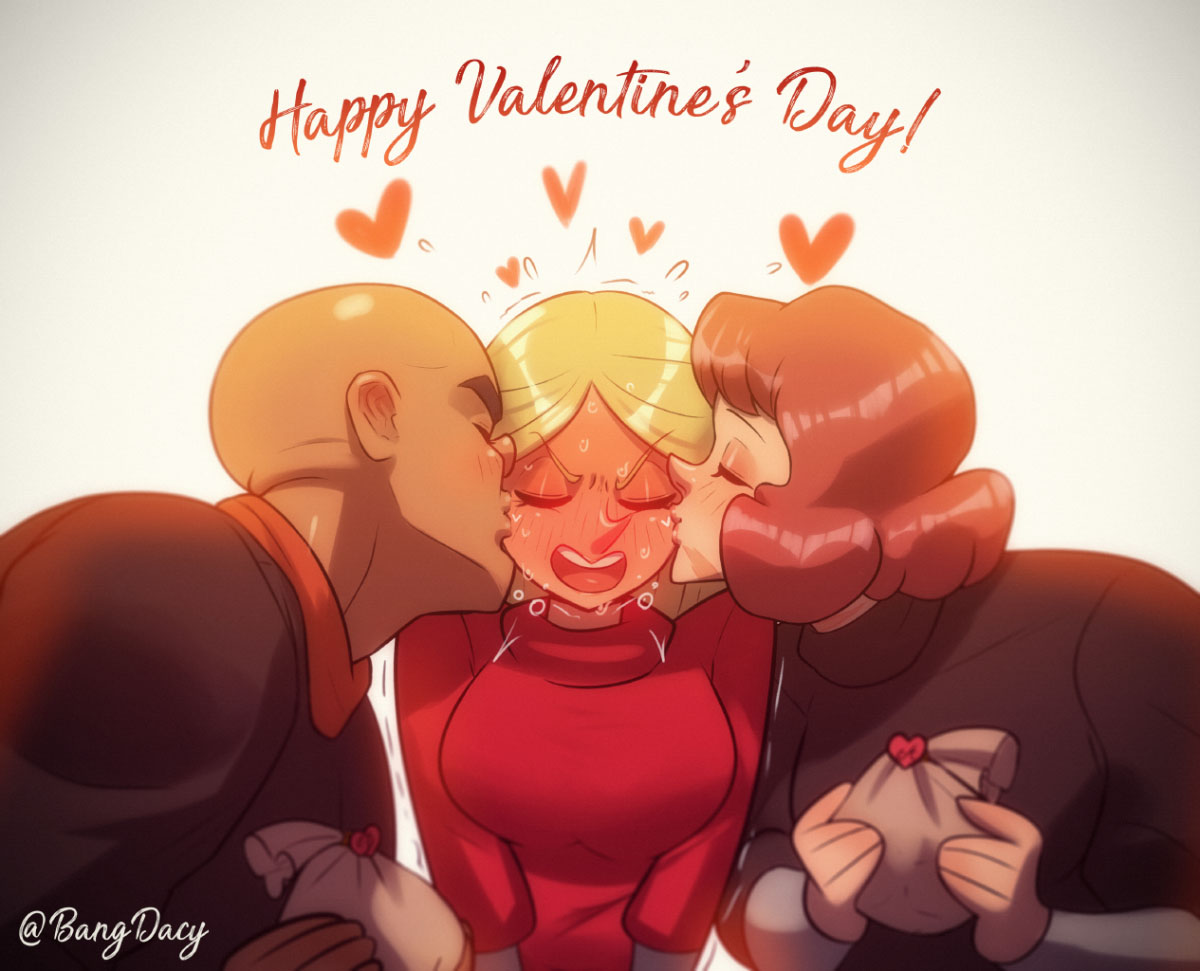 1boy, 2girls, anne_(ousama_ranking), bald, bang_dacy, bisexual_female, black_sweater, blonde_hair