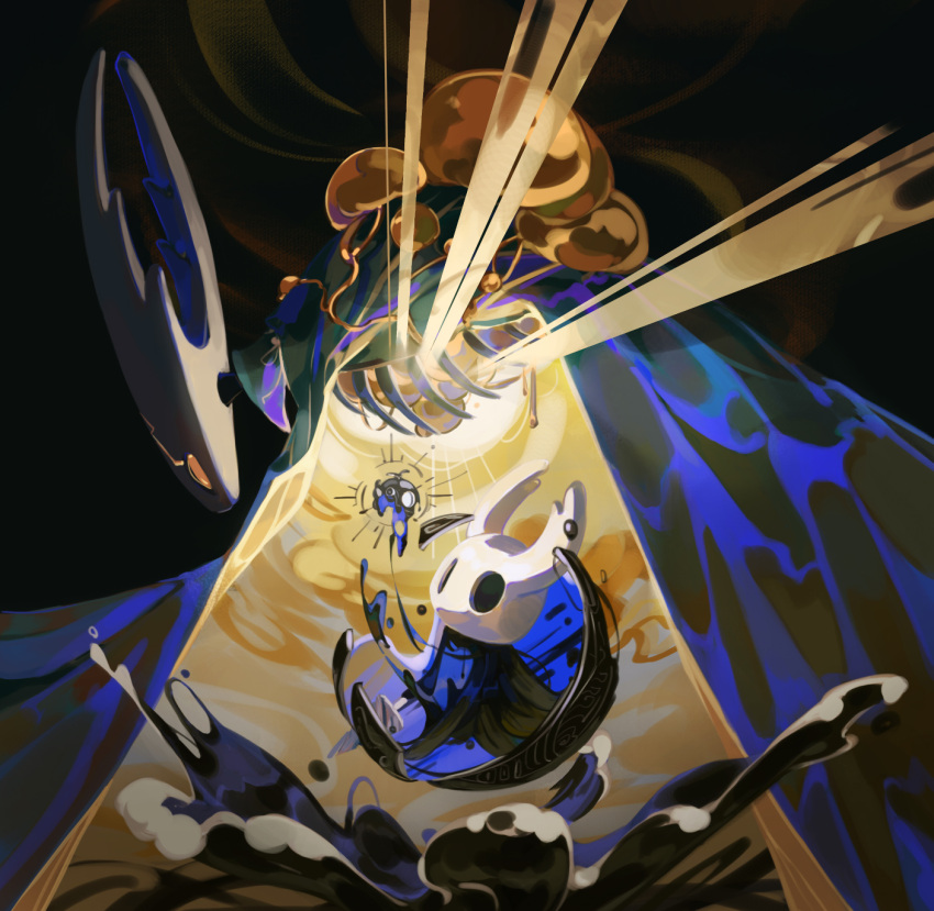 2others, blankowalski, cloak, darkness, glowing, highres, hollow_eyes, hollow_knight